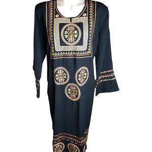 Vtg SUCI XXXL Black  Hippie BOHO Embroidered Caftan Tunic Dress  High Quality